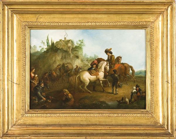 Pittore fiammingo del XVIII secolo : Sosta di Caccia  - Asta Antiquariato - Incanto Casa d'Aste e Galleria