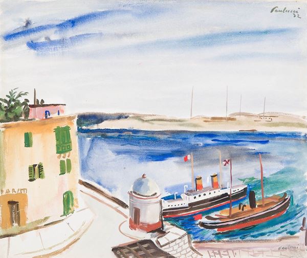 Enrico Paulucci : Porticciolo
Acquerello su car  - Asta Antiquariato - Asta da fallimento - Incanto Casa d'Aste e Galleria