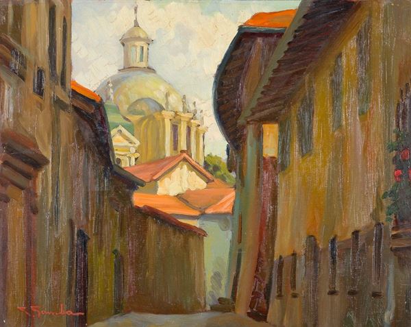 Celestino Gamba : Vicolo Visca
Olio su compensa  - Asta Antiquariato - Asta da fallimento - Incanto Casa d'Aste e Galleria