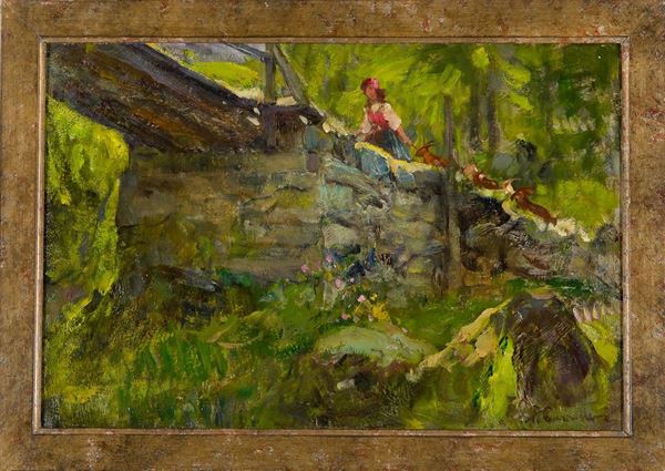 Vittorio Cavalleri : Scena alpina con personaggi
O  - Asta Antiquariato - Asta da fallimento - Incanto Casa d'Aste e Galleria