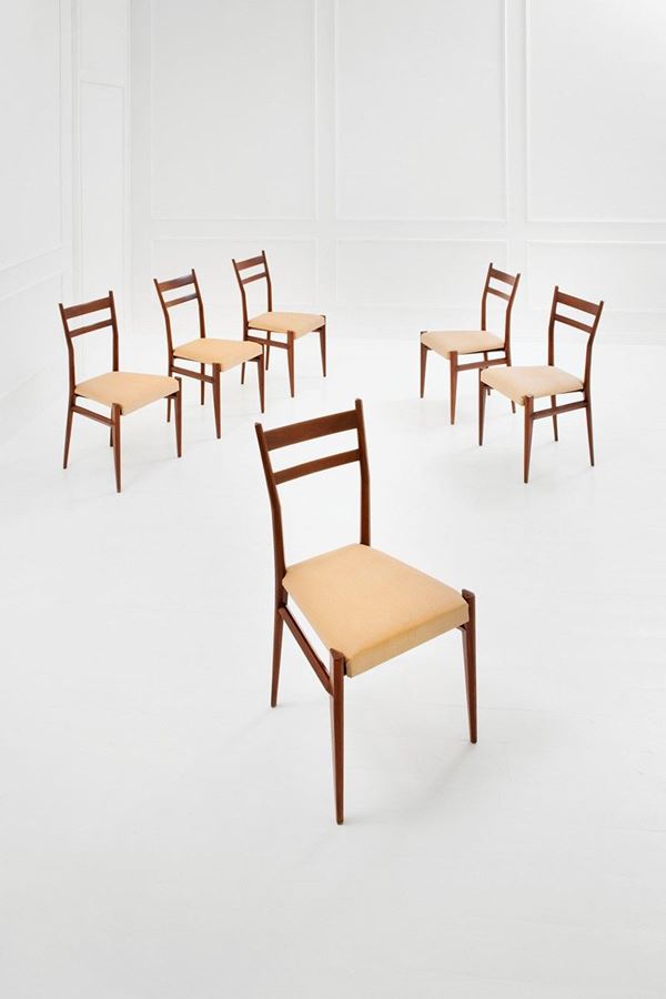 Giulio Moscatelli : Sei sedie 
Legno di noce, tes  - Auction Design - Incanto Casa d'Aste e Galleria