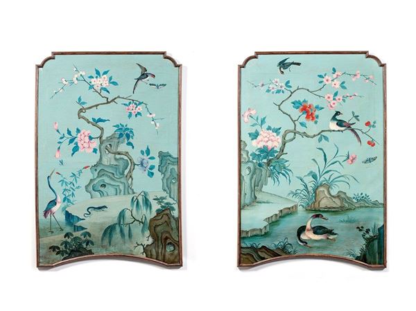 Cinque pannelli dipinti a cine  - Auction Antiquariato - Incanto Casa d'Aste e Galleria