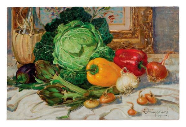 Ottorino Campagnari : Natura morta con verdura
Olio  - Asta Antiquariato - Incanto Casa d'Aste e Galleria