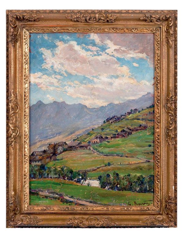 Giovanni Rava : Paesaggio alpino
Olio su cart  - Asta Antiquariato - Incanto Casa d'Aste e Galleria