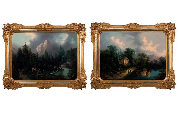 Paesaggio boschivo con fiume e  - Asta Antiquariato - Incanto Casa d'Aste e Galleria