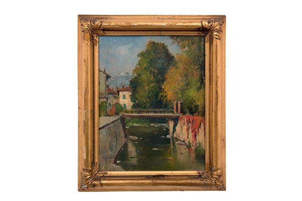Giovanni Colmo : Ponte sul canale
Olio su cart  - Asta Antiquariato - Incanto Casa d'Aste e Galleria