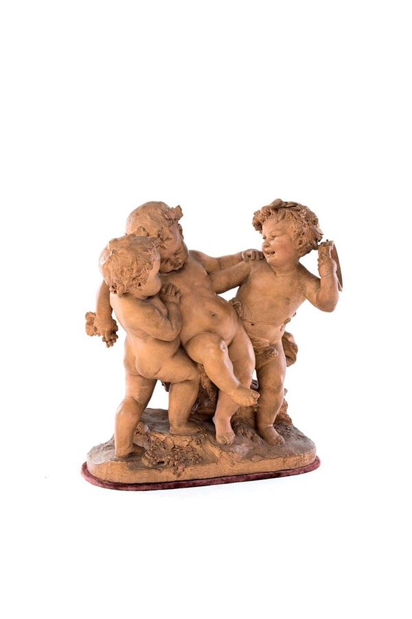 B&#233;n&#233;dict Rougelet - Scultura in terracotta - Amorini che vendemmiano