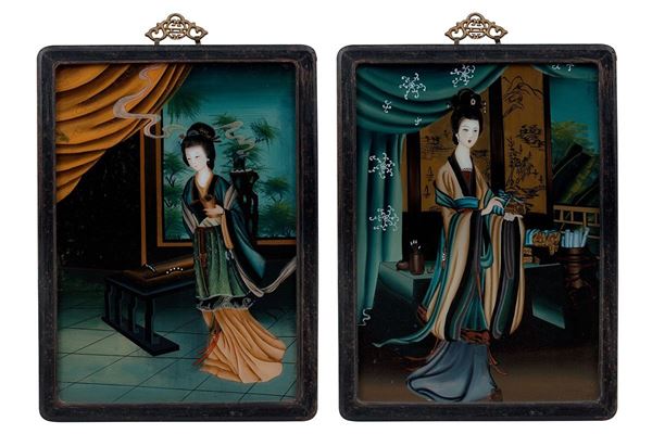 Coppia di dipinti sotto vetro   - Asta Antiquariato - Incanto Casa d'Aste e Galleria