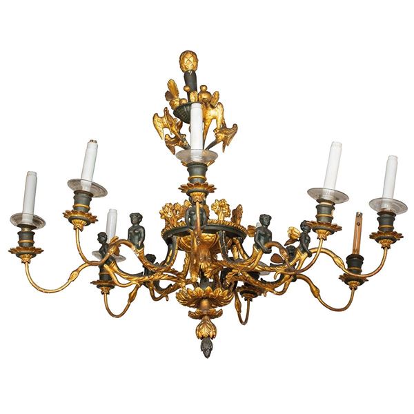 Lampadario a otto luci in legn