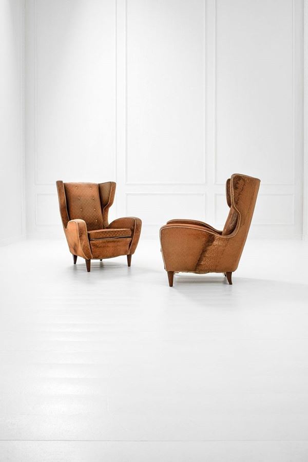 Paolo Buffa (attr.) : Due poltrone
Legno, tessuto.
  - Auction Spring Design - Incanto Casa d'Aste e Galleria