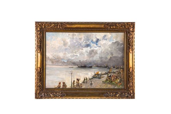 Pompeo Mariani : Nel porto di Genova
Olio su t  - Asta Antiquariato - Incanto Casa d'Aste e Galleria