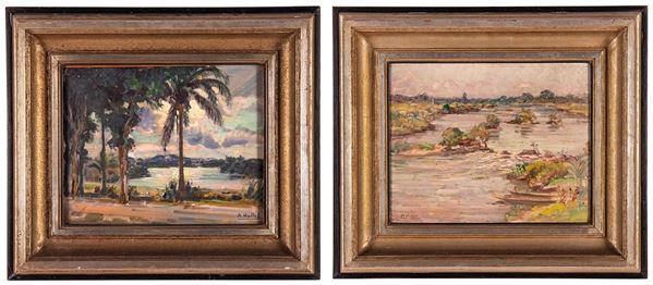 Andr&#233; Hallet : Coppia di paesaggi congolesi
  - Asta Antiquariato, Pittura, Oggetti d'arte, Porcellana, Arte Moderna - Incanto Casa d'Aste e Galleria