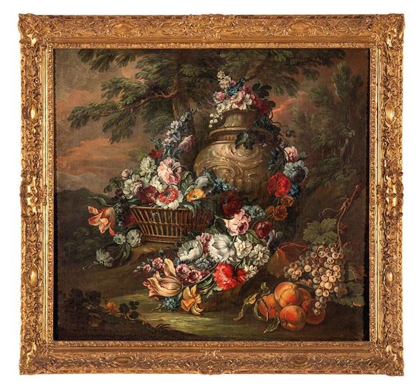 Michele Antonio Rapous : Trionfo di fiori e frutta con   - Asta Antiquariato, Pittura, Oggetti d'arte, Porcellana, Arte Moderna - Incanto Casa d'Aste e Galleria