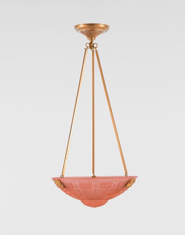 Lampadario a coppa in bronzo e