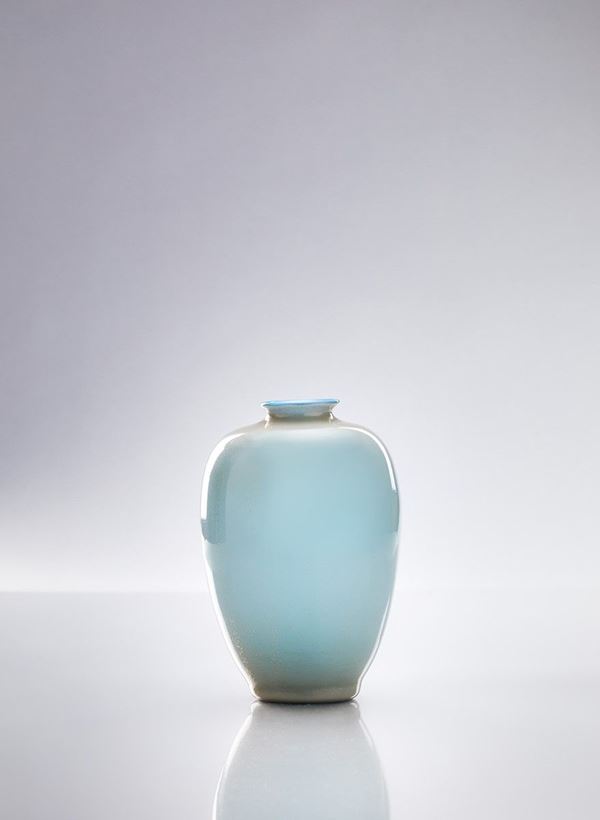 Tomaso Buzzi - Vaso in vetro azzurrino alga e foglia d&#39;oro