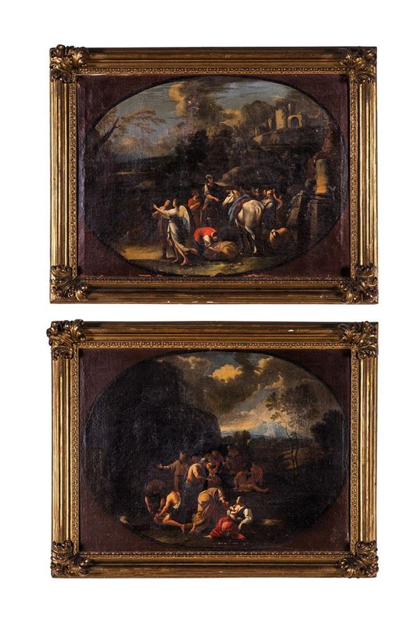 Pittore del XVII secolo, due dipinti di scene bibliche