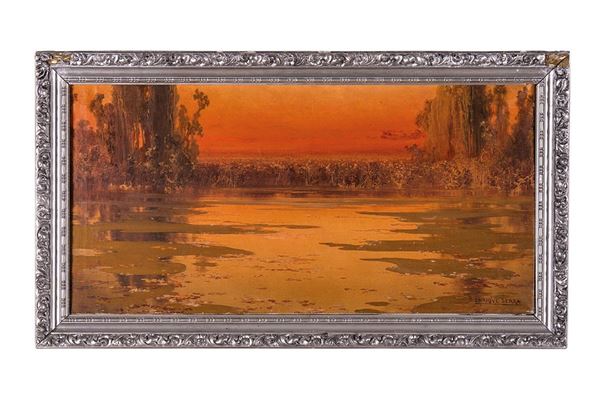 Enrique Serra : Dipinto Tramonto su paesaggio palustre  - Asta Antiquariato e Arti Decorative - Incanto Casa d'Aste e Galleria