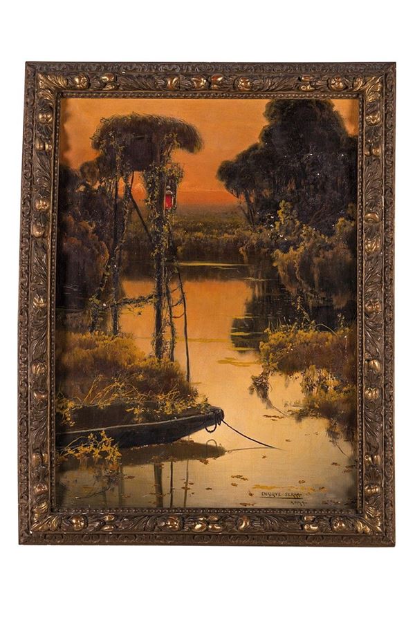 Enrique Serra : Barca con lanterna in paesaggio palustre  - Auction Antiques and Decorative Arts - Incanto Casa d'Aste e Galleria
