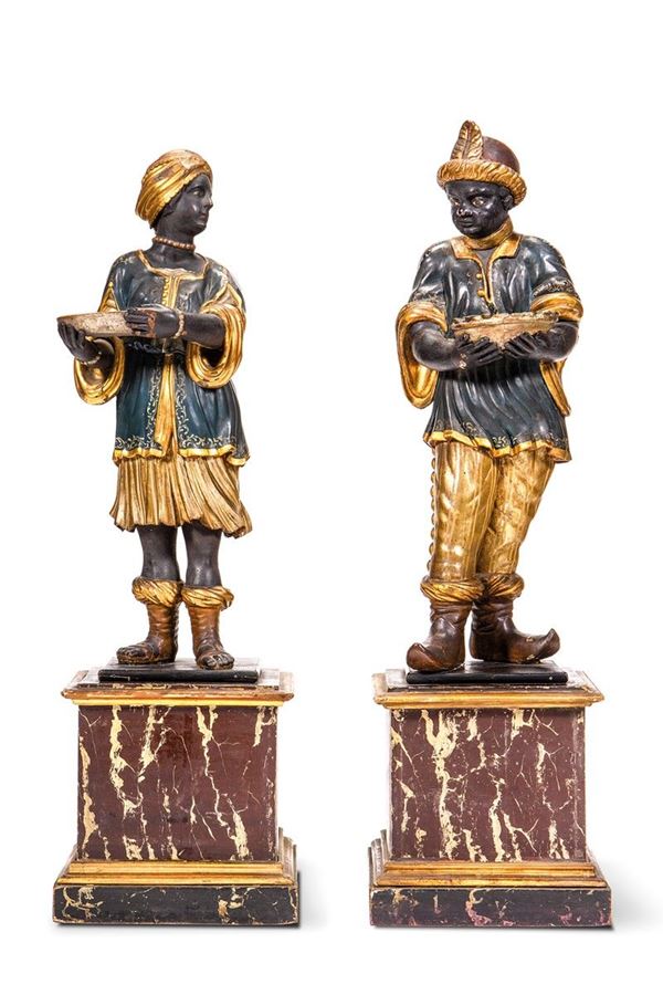 Due figure di servitori orientali in legno scolpito, Venezia XVIII secolo