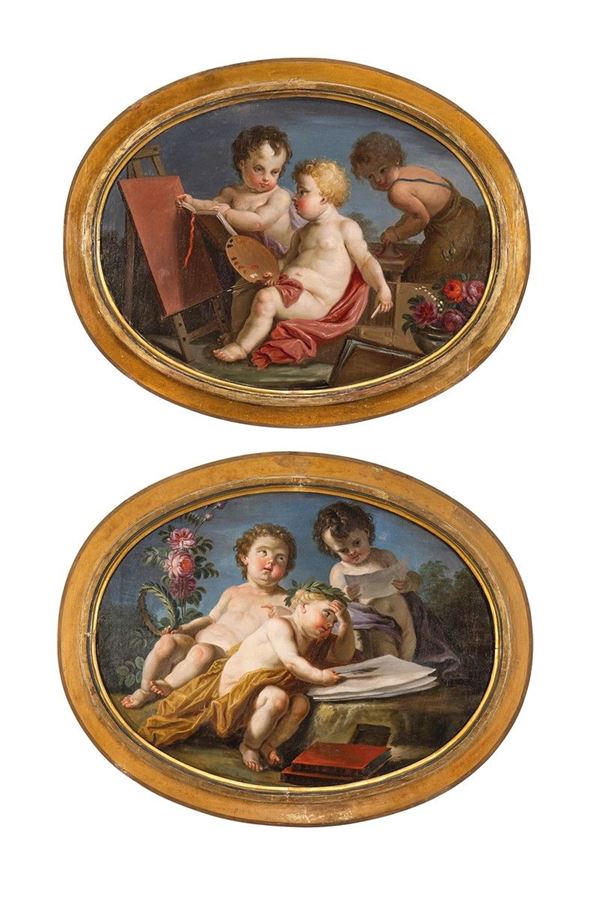 Angelo Vacca - Due Dipinti ovali, Allegoria delle arti, XVIII-XIX secolo.