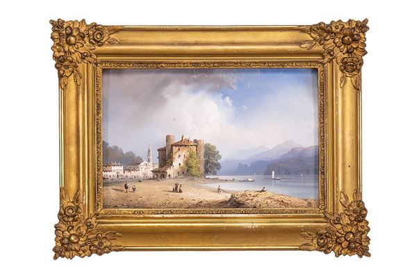 Dipinto, Paesaggio lacustre con castello, Scuola Lombarda del XIX secolo.
