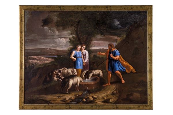 Dipinto, Mos&#232; con le figlie di Jetro, Pittore francese del XVII secolo. 