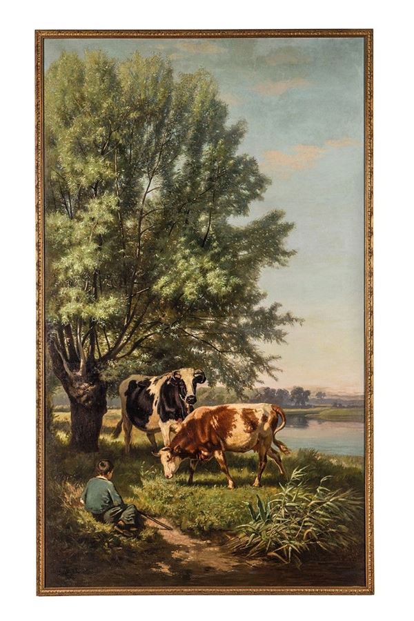 Jules Bertrand Gelibert - Dipinto, Mucche al pascolo XIX secolo