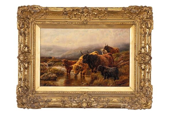 Robert Watson : Dipinto, Abbeverata nelle Highlands  - Asta Antiquariato e Arti Decorative - Incanto Casa d'Aste e Galleria
