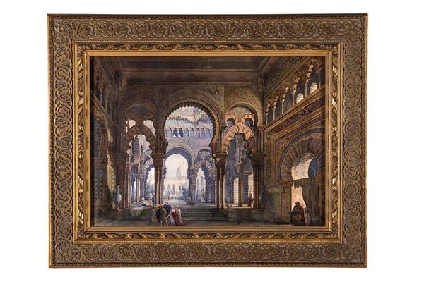 Incisione acquerellata, Interno di moschea