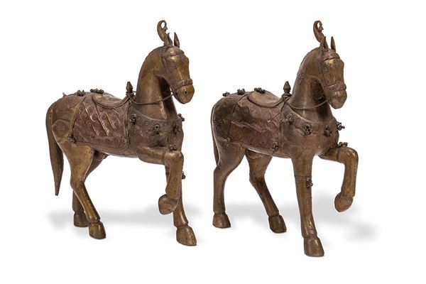 Coppia cavalli, lamiera di ottone e rame, XIX-XX secolo