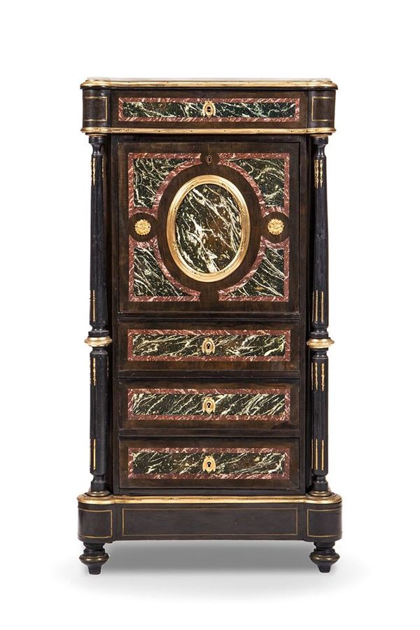 Secretaire in legno ebanizzato e intarsiato, Francia XIX-XX secolo.