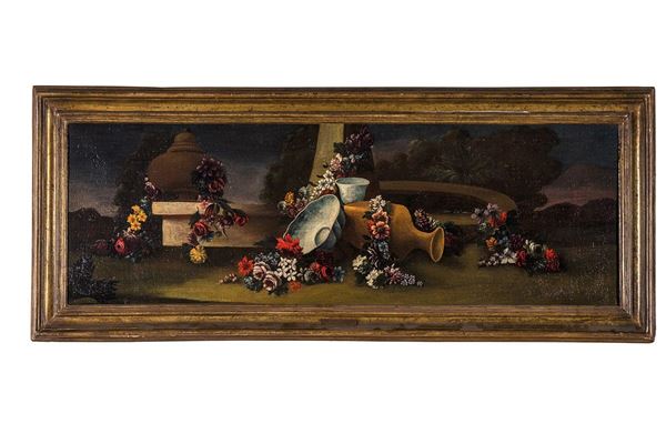 Dipinto, Composizione di fiori e piatti, Scuola napoletana del XVIII secolo  - Asta Antiquariato e Arti Decorative - Incanto Casa d'Aste e Galleria