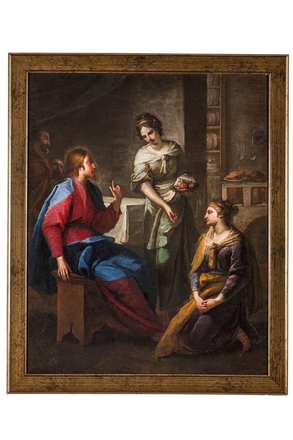Dipinto, Cristo in casa di Marta e Maria, Pittore emiliano del XVIII secolo