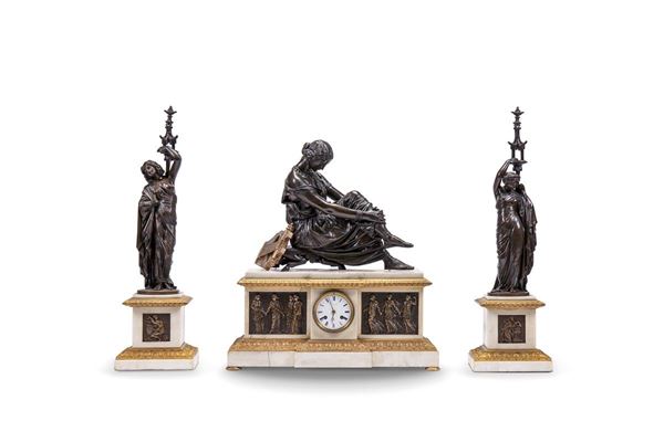 Jean Jacques Pradier - Trittico da camino in marmo e bronzo, XIX secolo