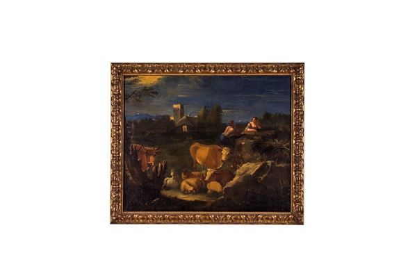 Dipinto, Paesaggio con armenti e pastori, Paesaggista attivo a Roma nel XVII secolo  - Auction Antiques and Decorative Arts - Incanto Casa d'Aste e Galleria
