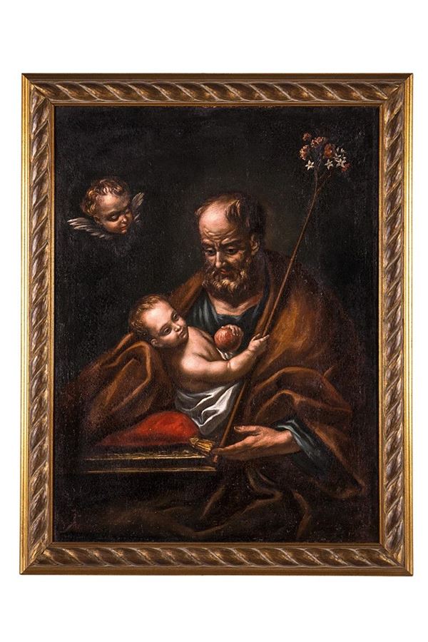 Dipinto, San Giuseppe con il Bambino Ges&#249;, Pittore dell&#39;Italia centrale, XVIII secolo  - Asta Antiquariato e Arti Decorative - Incanto Casa d'Aste e Galleria