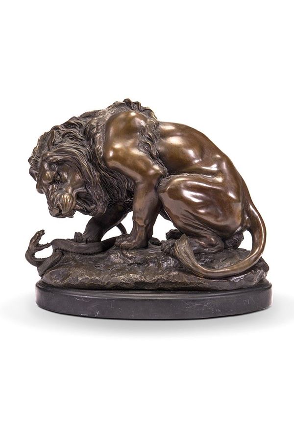 Alfred Barye : Scultura in bronzo raffigurante leone in lotta con un serpente  - Auction Antiques - Incanto Casa d'Aste e Galleria