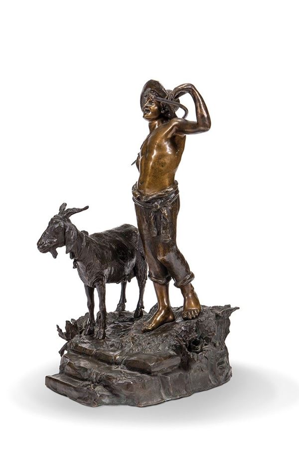 Tommaso Campajola - Scultura in bronzo, pastore, XIX secolo