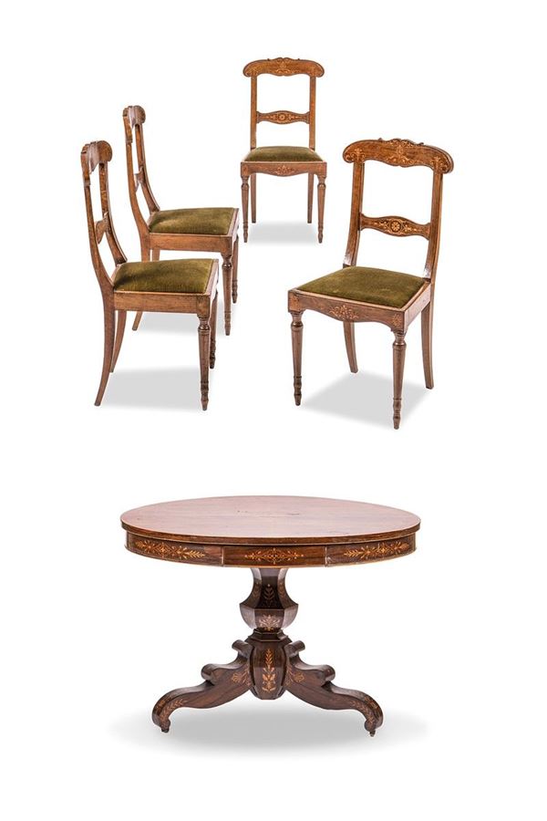 Tavolo rotondo con quattro sedie, XIX secolo.