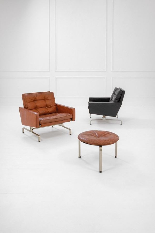 Poul Kjaerholm - Due poltrone mod. PK 31/1 ed uno sgabello mod. PK 33