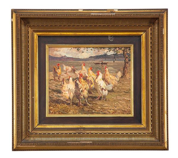 Giovanni Guarlotti : Dipinto, Galline con sfondo lacustre  - Asta Antiquariato, Sessione 2 - II - Incanto Casa d'Aste e Galleria