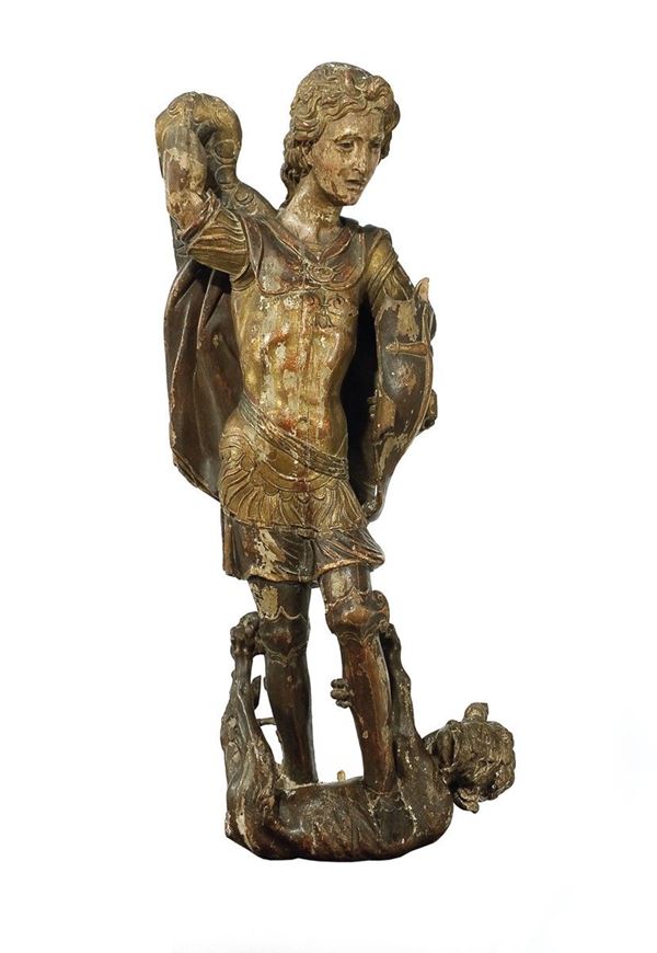 Scultore tedesco del XVI secolo : L'Arcangelo Michele che schiaccia il maligno  - Asta Antiquariato - Incanto Casa d'Aste e Galleria