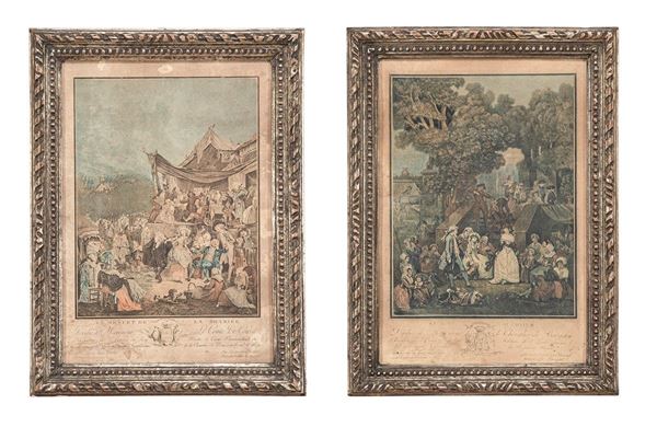 Coppia di incisioni colorate. Francia, fine del XVIII secolo