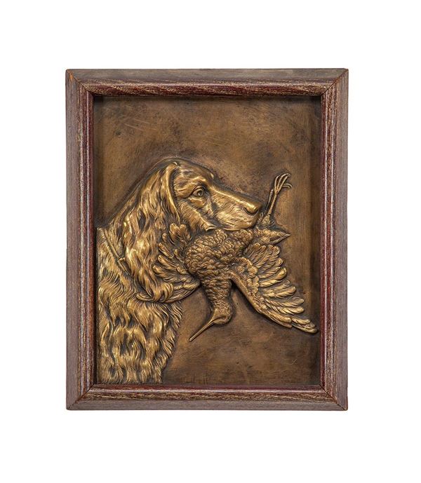 Bassorilievo in bronzo raffigurante setter con la preda, XX secolo  - Asta Antiquariato, Oggetti d'Arte e Decorazione. - Incanto Casa d'Aste e Galleria