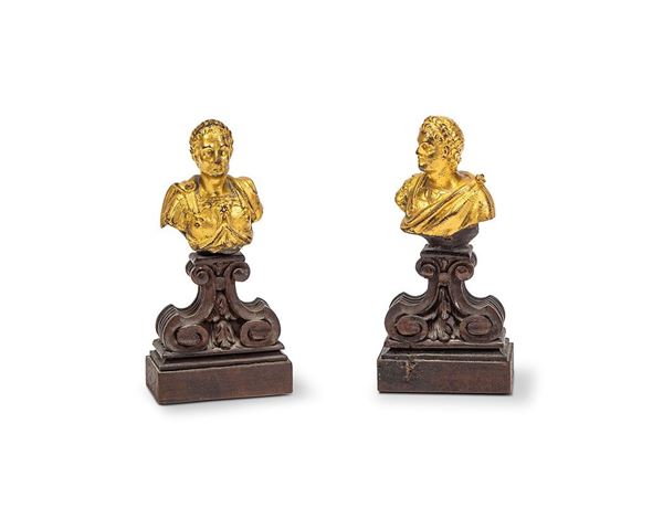 Coppia di busti in bronzo dorato, XVII/XVIII secolo