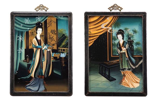 Coppia di dipinti, personaggi femminili orientali