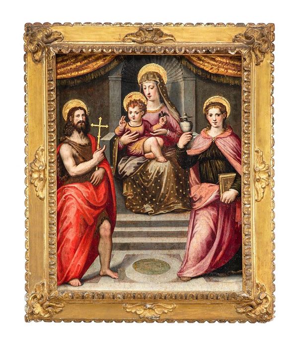 Dipinto, La Vergine con i santi Giovanni Battista e Maria Maddalena, Pittore umbro attivo tra la fine del XVI e inizio del XVII secolo