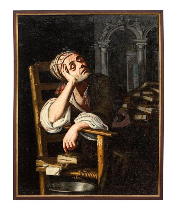 Dipinto, Uomo dormiente fra libri (il temperamento flemmatico?), Ambito di  Pier Francesco Mola (1612 –1666)  - Asta Antiquariato, Sessione 2 - II - Incanto Casa d'Aste e Galleria