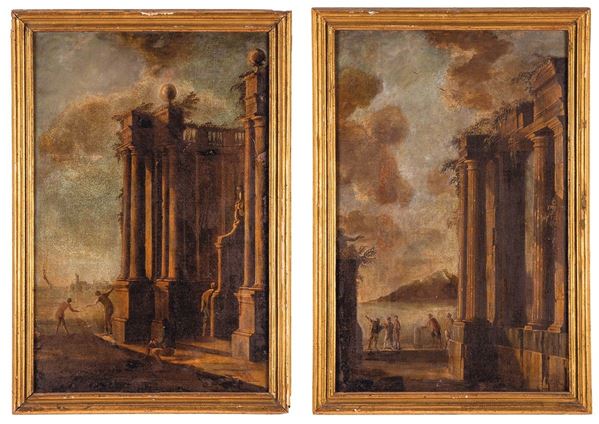 Francesco Casoli - Due dipinti con architetture classiche e figurine