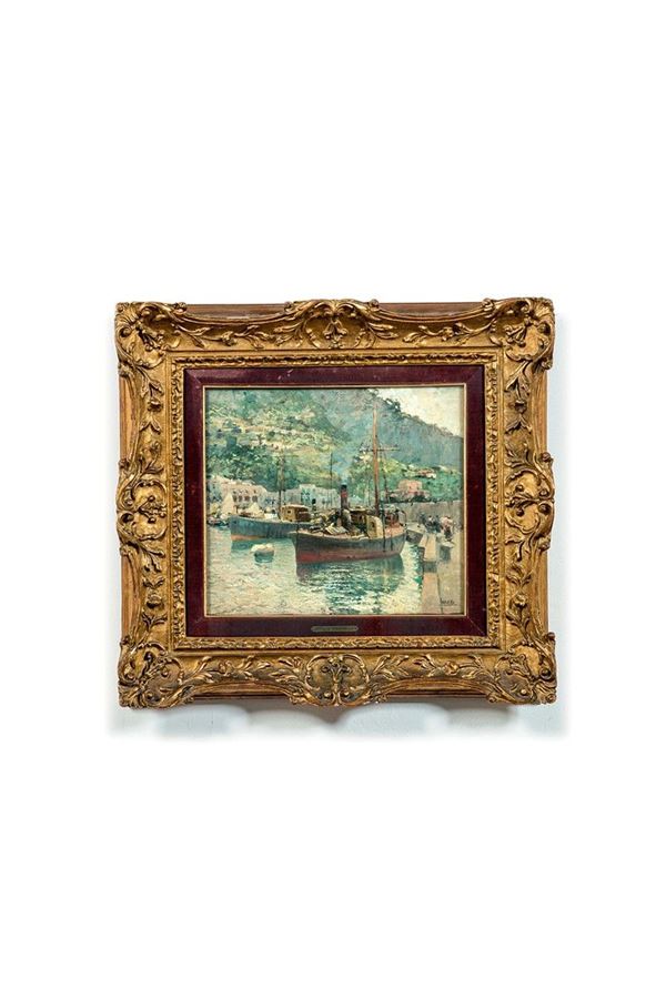 Attilio Pratella : Porto con barche
Olio su tela  - Asta Antiquariato - Incanto Casa d'Aste e Galleria